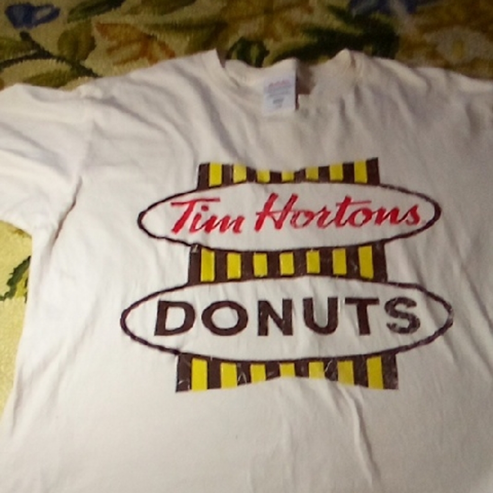 Men's White Size Large Tim Hortons Donuts Graphic Shirt Canada Promo